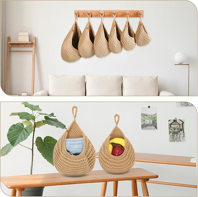 Hanging Fruit Baskets for Kitchen - 6 Pack Boho Wall Hanging Basket,Handwoven Wall Fruits Basket,for Garlic Potato Vegetable Onion Teardrop Home Hanging Storage Baskets(Brown Classic)