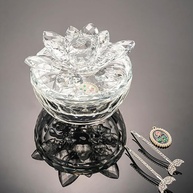 Crystal Jewelry Box Lotus Glass Jewelry Trinket Box with Lid Decorative Box to Ring Earrings Necklace Storage Holder for Home Decor (Transparent)