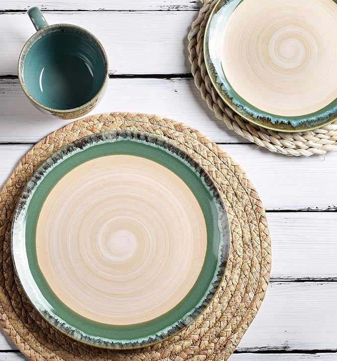 Bosmarlin Stoneware Dinnerware Set, Ceramic Bowls and Plates Set, Service for 4, 12 Piece, Microwave and Dishwasher Safe, Reactive Glaze (Turquoise green)