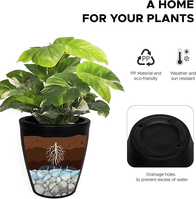 Elly Décor 17 inch Planter for Garden with Drainage, Large Round, Lightweight & Extremely Durable, Deck Indoor/Outdoor Plastic Pot, 17"x15"x9", Black