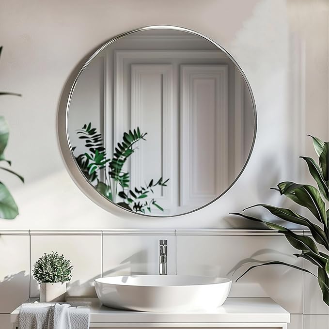 Silver Round Mirror 24 inch, Circle Mirror with Metal Frame, Silver Circle Mirrors for Living Room, Bathroom, Wall, Hallway.