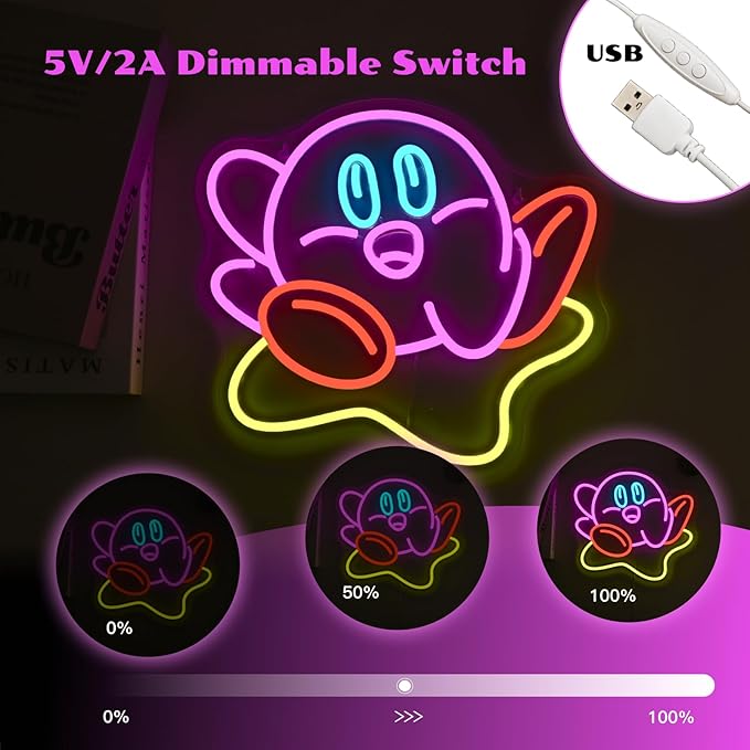 Cute Kirbee Neon Sign Dimmable Japanese Anime Led Signs for Wall Decor LED USB Powered Gaming Neon Light Sign for Kids Bedroom Game Room Decoration Gamer Fans Birthday Gifts