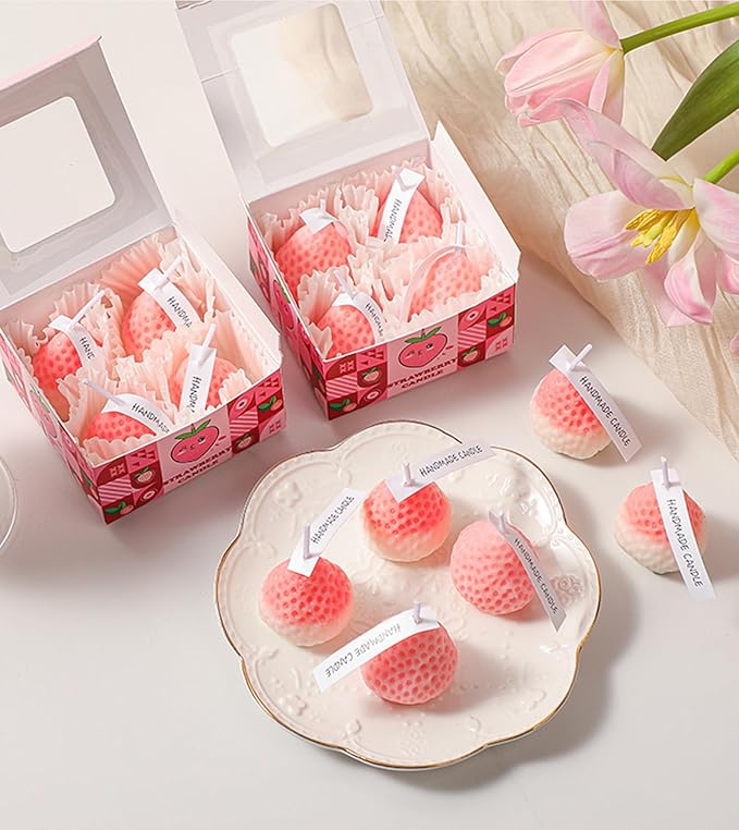 Strawberry Shaped Scented Candle,4PACK 75G Fruit Aroma Soy Wax Decorative Candle for Table Photo Prop Birthday Gift,Prefect for Meditation Stress Relief Mood Boosting Bath Yoga (Pink&White)