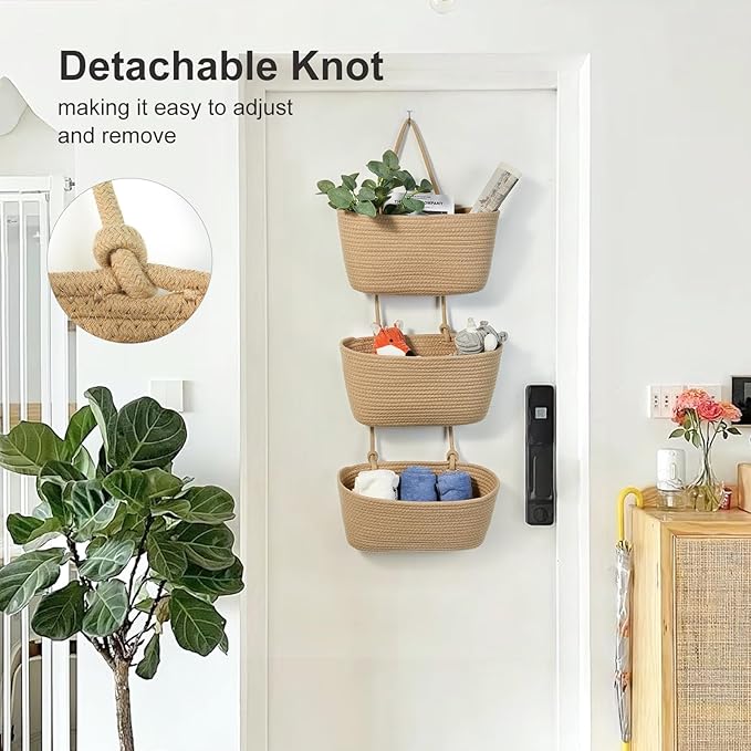 DULLEMELO Wall Baskets for Storage, 3-Tier Woven Cotton Hanging Baskets for Organizing, Jute Wall Hanging Baskets with Door Hooks, Over The Door Basket