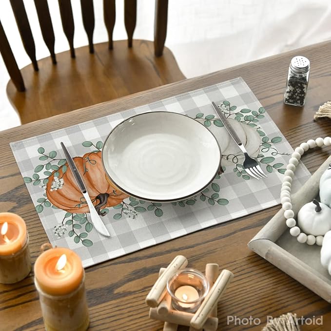 Artoid Mode Orange Pumpkins Eucalyptus Leaves Fall Placemats Set of 6, 12x18 Inch Seasonal Autumn Table Mats for Party Kitchen Dining Decoration