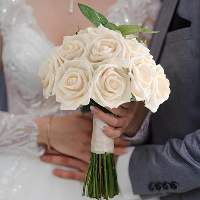 Artificial Flowers 50PCS Champagne Roses Real Looking Foam Fake Roses with Leaves and for DIY Wedding Bouquets Bridal Shower Centerpieces Party Decorations (Champagne)