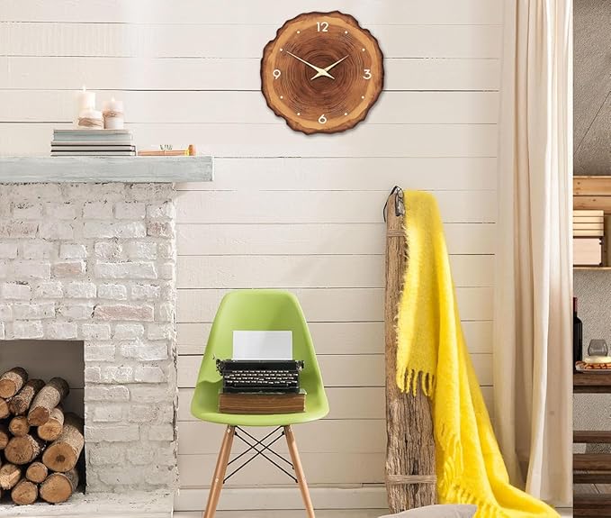 XNM Rustic Large Clock for Kitchen Brown Wood Wall Clocks Battery Operated 16 Inch Analog Annual Ring Wall Clock Non Ticking (MDF No Solid Wood)