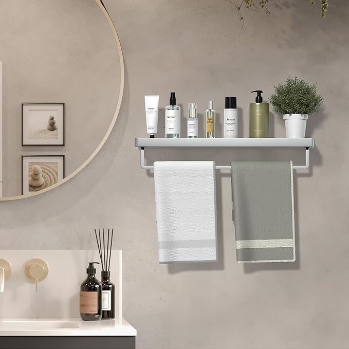 Bathroom Shelves/Glass Shelf Wall Mount 20-in with Towel Bar/Rack Floating Shelves for Bathroom Tempered Glass Rectangular 1 Tier Organizer Wall Shelf (Chrome Polished, 20'')