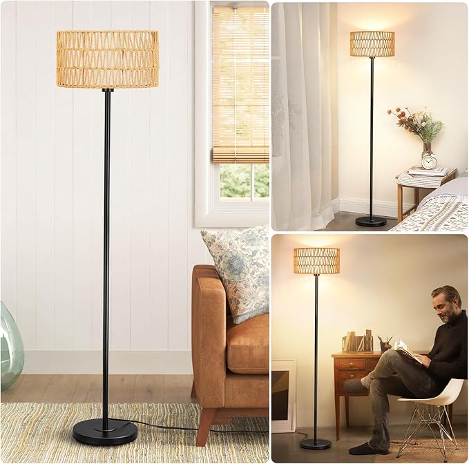 Rattan Boho Floor Lamp with Black Metal Base and LED Bulb - Double Shades, Farmhouse Rustic Design for Living Room, Bedroom, Office