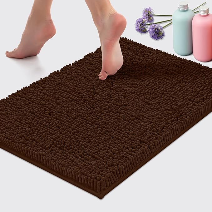 LuxUrux 2-Piece Bathroom Rug Set – Ultra-Plush Chenille Mats, Includes Runner Rug, Soft, Absorbent, Non-Slip & Stylish (27x47 & 16x24 inches, Brown)