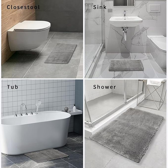 FIFU Bathroom Runner Rug 24" W x 60" L, Bath Mats for Bathroom, Bedroom & Kitchen, Non-Slip Rubber Latex Backing, Comfort & Soft Shower Bathmat & Carpet for Sink, Home & Hallways, Silver Gray