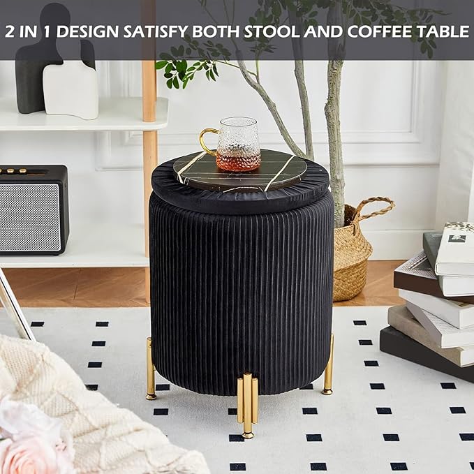 Mxfurhawa Round Ottoman Foot Stool with Storage and Metal Legs for Living Room Bedroom, Velvet Upholstered Footrest Stool Support 300lbs Modern Padded Seat Ottoman Coffee Table (Black)
