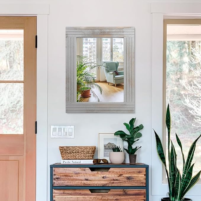 Rustic Mirror Wooden Frame Rectangular Antique Wall Mirror Decor Farmhouse Bedroom Dresser Bedroom Entryway Mirror Large Light Gray 20"x16"