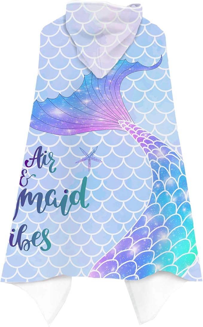 Mermaid Kids Hooded Beach Towel, Mermaid Tail Microfiber Hooded Poncho Towel for Girls 30?x50?? Mermaid Scales Pink Soft Absorbent Bath Towels Bathrobe with Hood for Swin Pool
