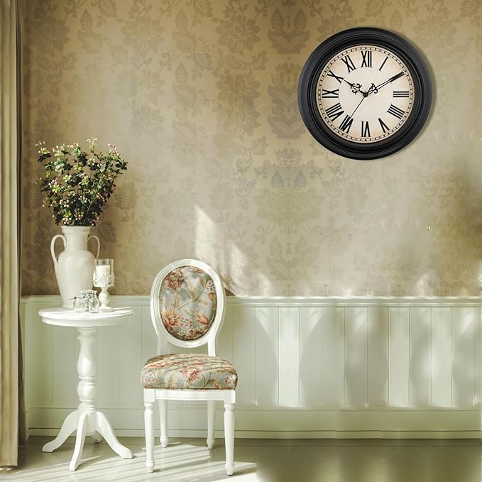Plumeet Retro Wall Clock, 12'' Non Ticking Classic Silent Vintage Wall Clocks Decorative Kitchen Living Room Bedroom, Roman Numerals, Battery Operated, Black