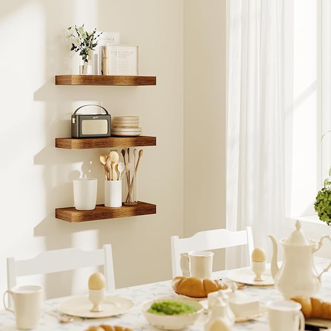 BAMEOS Floating Shelves, 16x6 American Oak Wall Mounted Wooden Shelves with Invisible Brackets Set of 3, Hanging Wall Shelves Decoration for Bedroom, Bathroom, Living Room and Kitchen