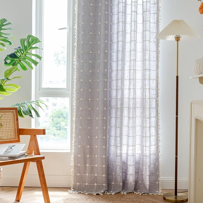 Sutuo Home Boho Curtains for Kitchen Nursery Room 63 Inches Long,Checkered Linen Light Filtering Farmhouse Bohemian Vintage Chic Tassels Window Treatment Drape, 1 Panel 52" W x 63" L, Dark Grey Plaids