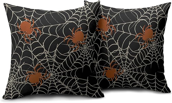 Halloween Spiderweb Pillow Covers 20x20 Set of 2 Black White Spider Web Orange Spider Outdoor Decorative Throw Pillows Scary Farmhouse Pillowcases Linen Cushion Case Decor for Home Sofa Couch Bed