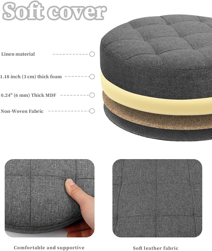 Ottoman with Storage, Foot Rest Stool with Thicker Foam Padded Seat Linen Small Round 14“ x 14” x 13 "Inchs Storage Ottoman Bench for Living Room Foldable Pouf Coffee Table 2 Pack, Dark Gray