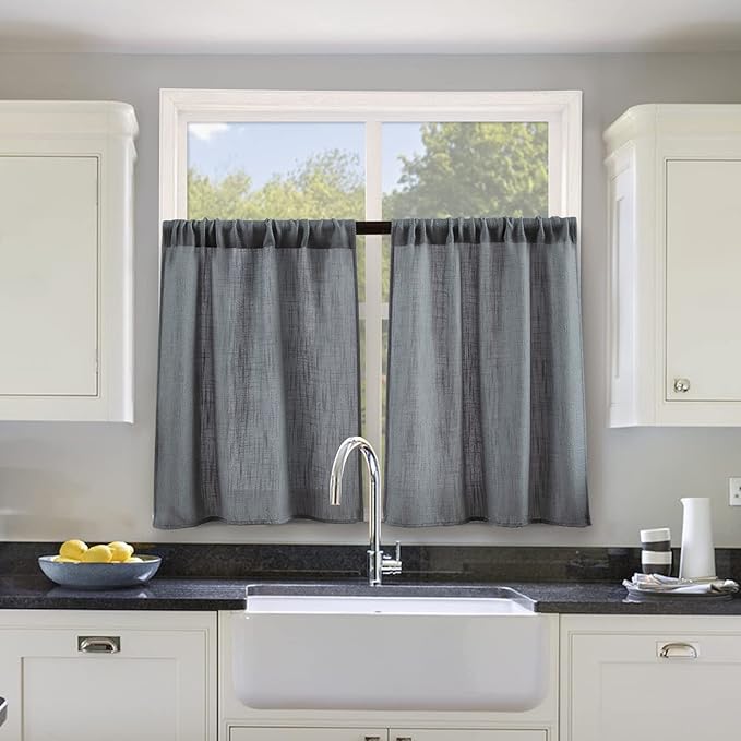 Valea Home Burlap Tier Rod Pocket Curtains for Short Kitchen Windows, Rustic Tan, 36 inch Linen Cafe, Grey, Set of 2