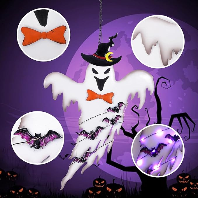 ILLUMINEW Solar Halloween Metal Hanging Decorations Outdoor, Solar Powered Lighted Metal Ghost for Halloween Outdoor Tree, Wall, Porch, Patio Decor (Ghost)