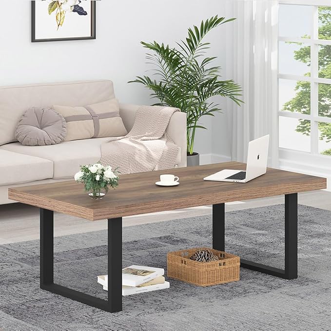IBF Farmhouse Coffee Table, Modern Coffee Table for Living Room, Simple Industrial Rectangle Center Table, Wood Metal Tea Table for Home Bedroom Office, Rustic Oak, 47 in