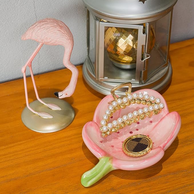 Ceramic Soap Dish Holder for Bathroom, Flower Bar Holder for Shower, Easy Cleaning Saver Tray Decoration for Bathroom, Sinks, Kitchen (Pink)