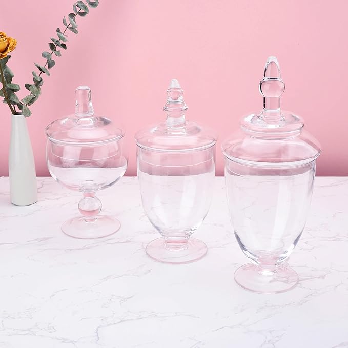 Glass Apothecary Jars with Lids, Small Storage Containers, Set of 3 Wide Mouth Storage Candy Jar Decorative Candy Buffet Organizer Canisters Elegant Kitchen