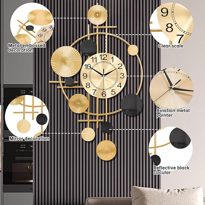 Large Wall Clocks for Living Room,Silent Non Ticking,Battery Operated Oversized Round Modern Wall Clock for Bedroom,Farmhouse,Office Wall Decor-17.7x29.97Inch(Golden)