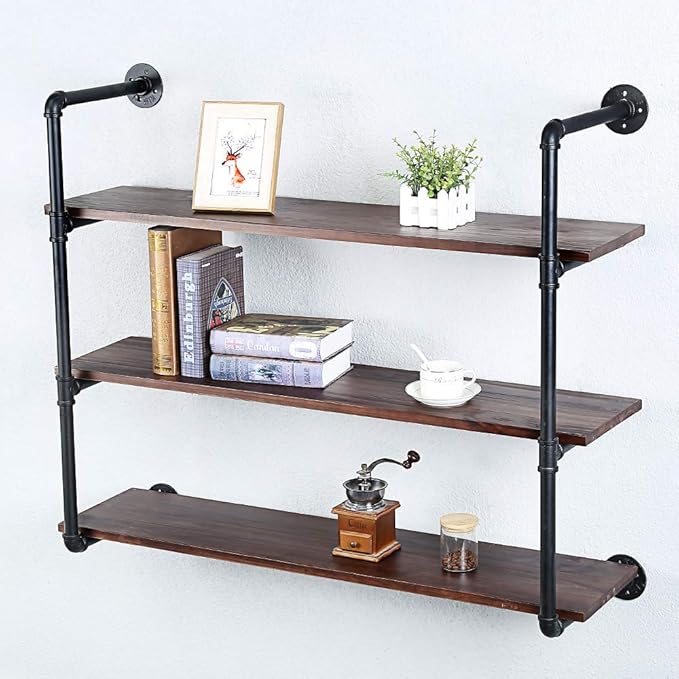 Industrial Pipe Shelving Wall Mounted,42in Rustic Metal Floating Shelves,Steampunk Real Wood Book Shelves,Wall Shelf Unit Bookshelf Hanging Wall Shelves,Farmhouse Kitchen Bar Shelving(3 Tier)