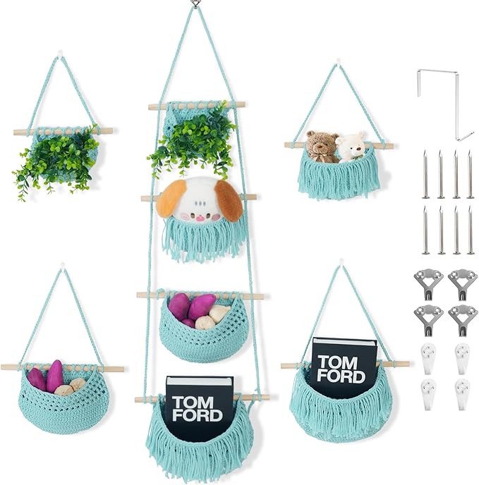 4 Tier Hanging Fruit Basket for Kitchen, Aqua Boho Cotton Rope Crocheted Fruit Holder for Bathroom Bedroom, Detachable Wall Hanging Basket Shelves Over Door Organizer for Fruit Veggie Plant Decor