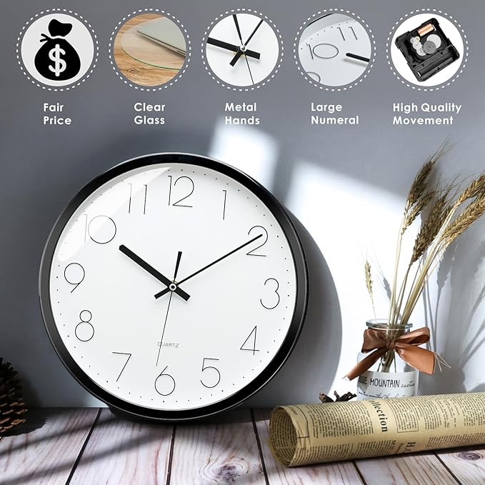 Plumeet Black Wall Clock Non Ticking Silent Quartz Round Clock Decorate Bedroom Home Kitchen Office - Battery Operated (White)