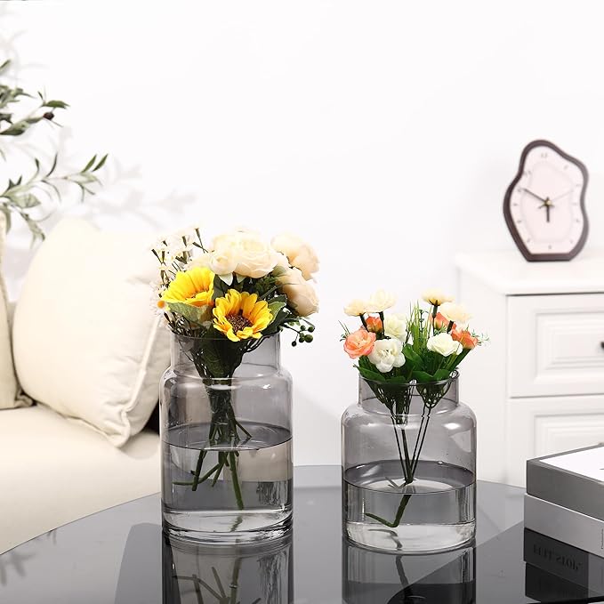 Large Glass Vase, Black Glass Vase Set of 2, Large Flower Vases for Bouquet, Tall Wide Mouth Vases for Flowers, Home, Wedding, Living Room, Office Decor, 7"+9"