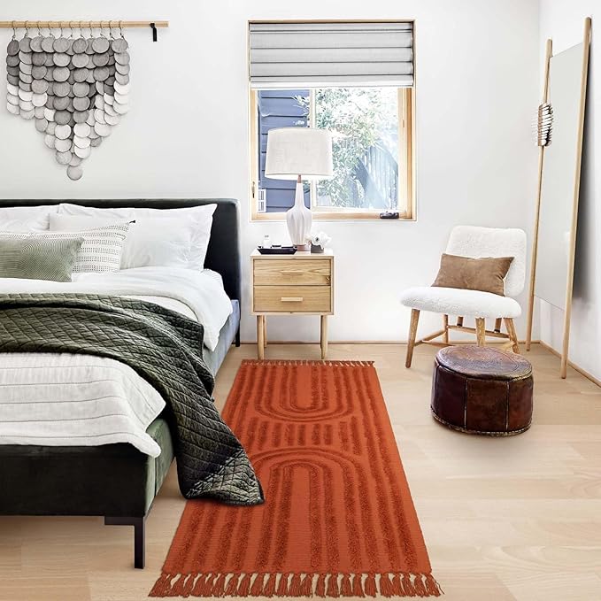 LEEVNA Washable Bathroom Rugs 2'x3', Hand-Woven Kitchen Rug with Tessal, Terracotta Bedroom Throw Rugs, Boho Tufted Rainbow Rugs, Farmhouse Indoor Door Mat for Entryway/Porch/Back Door