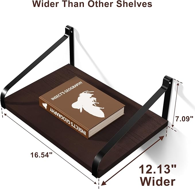 Love-KANKEI Floating Wall Shelves Mount Solid Wood with Enough Storage L16.5 x W12 inch for Kitchen Living Room Bathroom Bedroom Set of 2 Dark Walnut