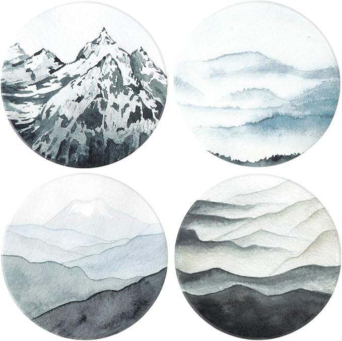 Lahome Mountain Range Coasters - Round Drinks Absorbent Stone Coaster Set with Ceramic Stone and Cork Base for Kinds of Mugs and Cups (Mountain Range, 4)