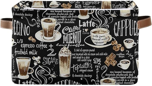 Wamika Black Coffee Beans Storage Basket Fabric Laundry Baskets Cappuccino Latte Chocolate Cocoa Storage Boxes Organizer Bag for Baby Cloth Dog Toy Book Storage Cubes Shelf Closet Bins 16x12x8 Inches