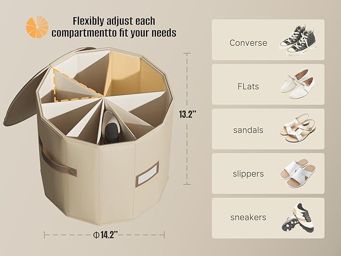 Vailando Shoe Organizer for Closet - Cylindrical Shoe Storage Organizer with Adjustable Dividers for Closet, Foldable, Beige, 2-Pack