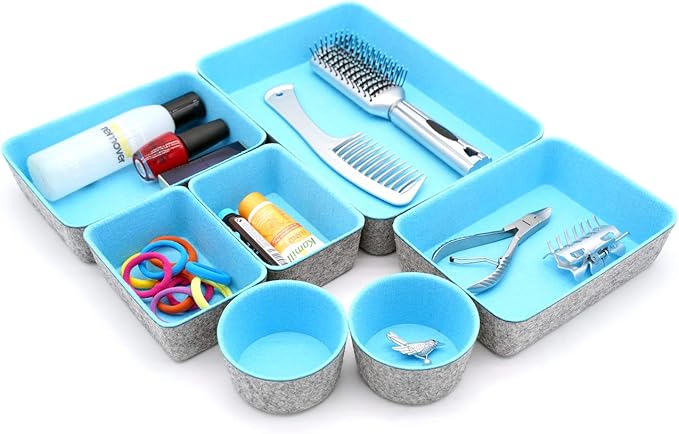 Welaxy Drawer organizers bins felt storage bin office organizer Shallow Small Desk organizer trays Draw dividers 7-piece Gifts Idea (Sky blue)