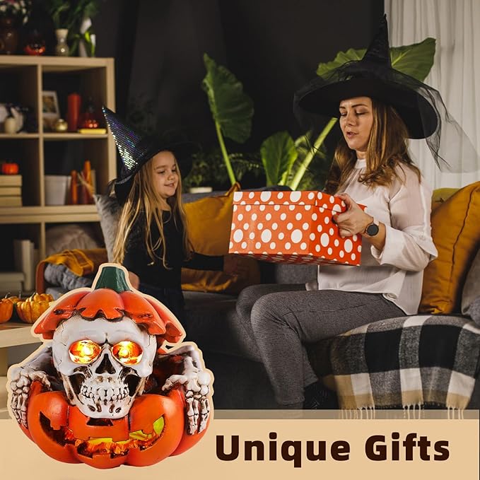 Halloween Skull Pumpkin Decor - Solar Powered Resin Skull & Pumpkin, Unique Garden Decor for Outside Yard Porch Lawn, Halloween Decorations Outdoor/Indoor