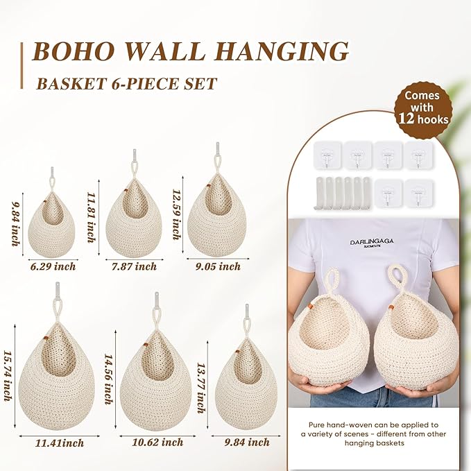 Hanging Fruit Baskets for Kitchen - 6 Pack Boho Wall Hanging Basket,Handwoven Wall Fruits Basket,for Garlic Potato Vegetable Onion Teardrop Home Hanging Storage Baskets(White Classic)