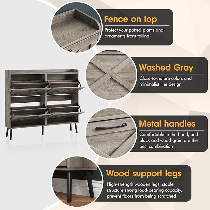 Maupvit Large Shoe Storage Cabinet with 4 Flip Drawers, Narrow Shoe Cabinet for Entryway with Wooden Legs, Freestanding Hidden Shoe Rack Organizer & Metal Hinges, Washed Gray