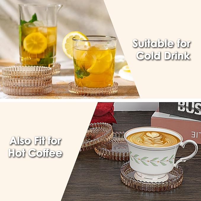 Modern Clear Coaster Set of 5- Glass Coasters for Drinks Crystal Coasters Round Cup Coasters Coffee Table Decor for Office, Kitchen, Bar, Dining Room, Living Room, Patio(Amber)
