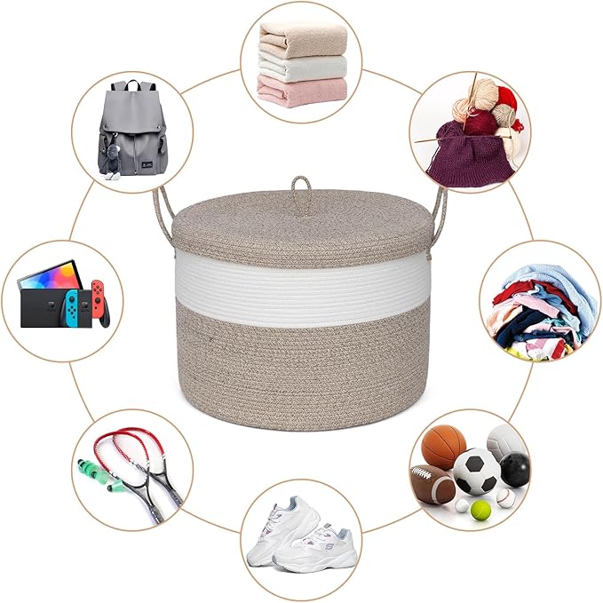 Laundry Basket with Lid, Woven Cotton Rope Laundry Hamper Foldable Storage Organizer Bin Blanket Basket for Comforter, Cushions, Clothes, Pillows, 20.5x20.5x15 Inch, Brown/White