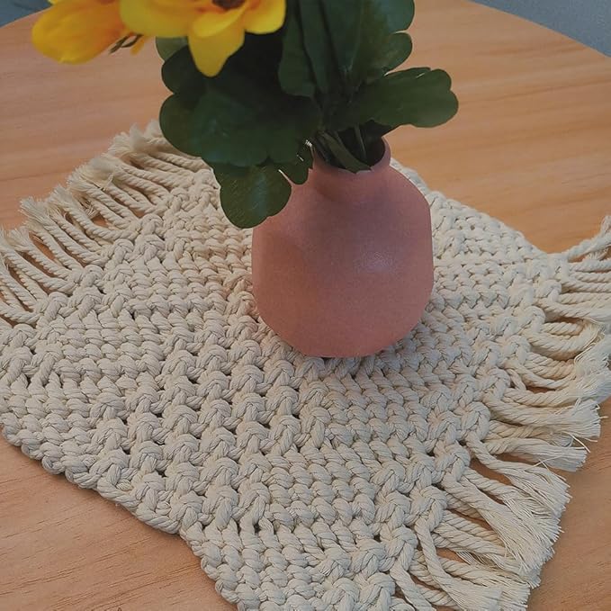Handmade Cotton Woven Crochet Placemat with Tassels, 10 x12 Inches Small Place Mat for Bohemian Wedding Décor, Boho Table Mat for Farmhouse, Rustic Décor for Dining Table, Beige