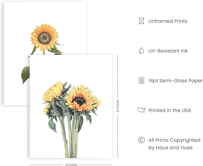 Haus and Hues Sunflower Wall Decor and Sunflower Posters - Set of 4 Sun flower Wall Art (8" x 10", Unframed)