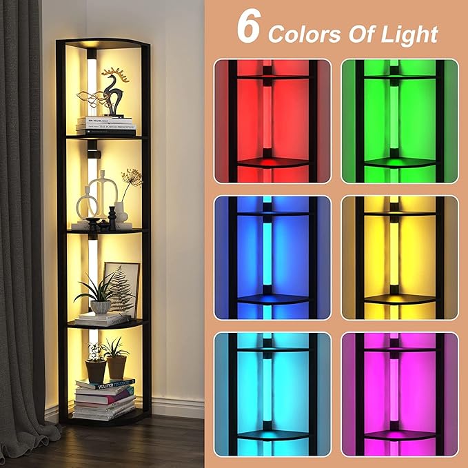 VTRIN Corner Shelf with Light, Modern Home Decor Stand Floor Lamps with Storage Shelves for Collectibles, Sturdy 5-Tier Corner Bookshelf Cabinet Display Shelf for Living Room Bedroom Small Space
