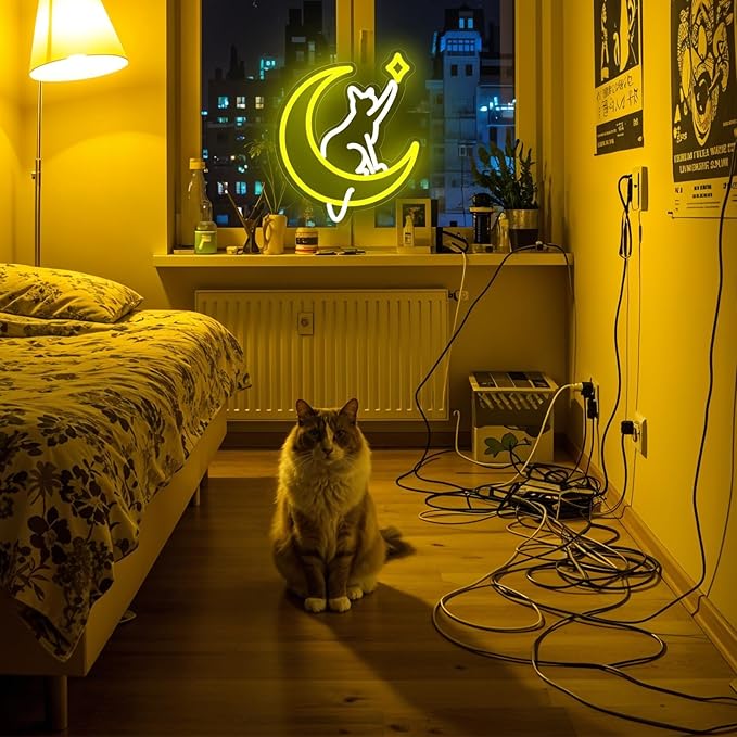 Moon Cat Neon Sign for Wall Decor,Dimmable Cute Cat with Star Neon Light,Yellow White Animal Light Up Signs for Bedroom Party Bar Background Decoration