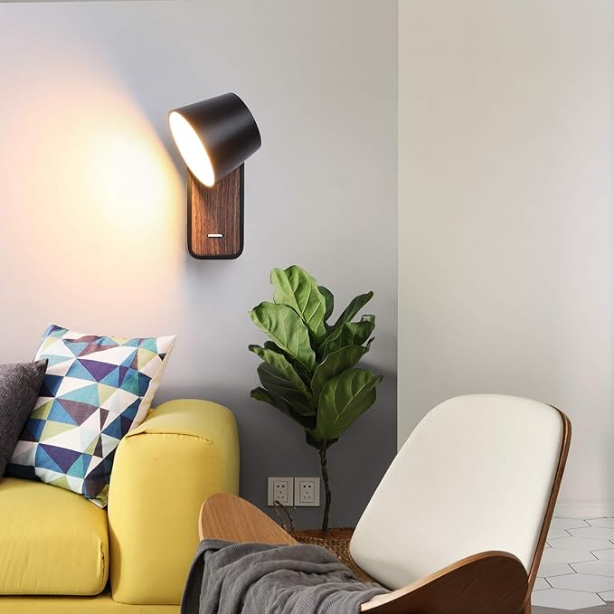 Modern Wall Lamp with Plug in Cord for Bedrooms Hallway Living Room, Indoor Contemporary Mounted Lighting Fixture,Nordic Bedside Rotatable Reading Lights, Up Down Black Wooden Sconces with Switch
