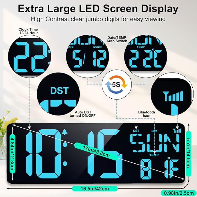 XREXS 17.2" Large Digital Wall Clock Bluetooth Sync Time, Precise Atomic Clocks with Remote Control, Adjustable Dimmer Grandfather Clock, Temperature Clock for Bedroom, Desk Alarm Clock for Teens